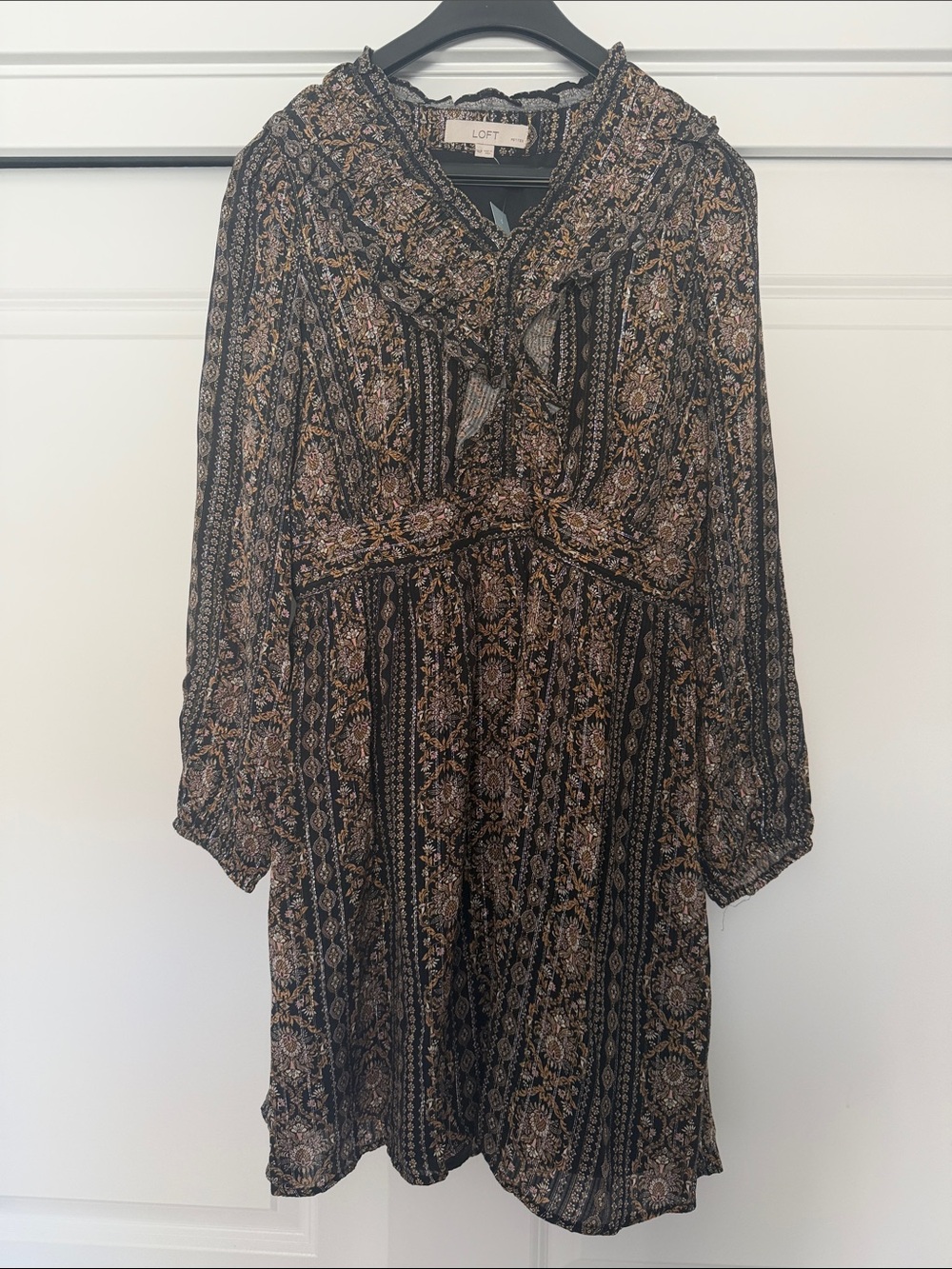 LOFT Black and Brown Paisley Ruffled Long Sleeve Dress